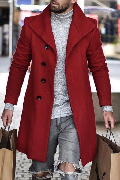 Street Fashion Red Long Sleeve Lapel Collar Button Front Longline Woven Overcoat
