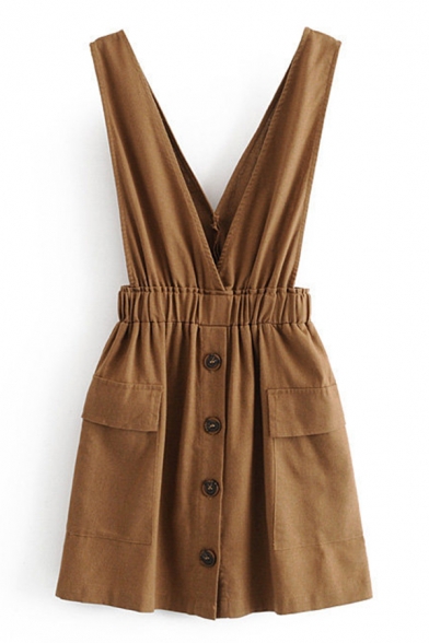 Trendy Ladies' Brown Sleeveless Button Down Flap Pocket Elastic Waist Mini A-Line Tank Dress