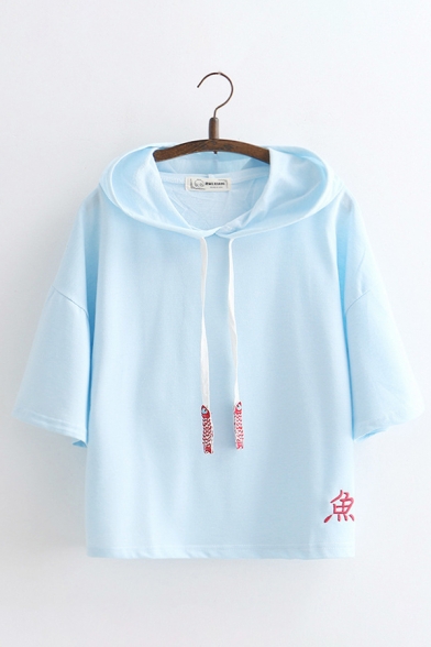 Unique Japanese Letter Embroidery Half Sleeve Loose Drawstring Hoodie for Summer