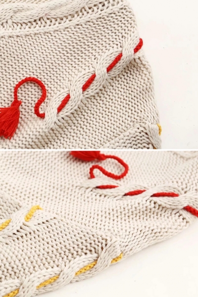Unique V-Neck Cable Knit Tassel Decoration High Low Hem Beige Sweater for Women
