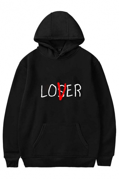 Unisex Fashion Lover Loser Print Long Sleeve Pouch Pocket Oversized Pullover Hoodie
