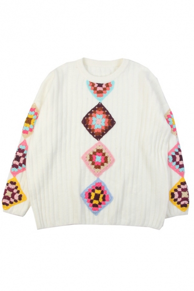 Vintage Geometric Pattern Long Sleeve Oversized Crochet Knit Pullover Sweater for Girls