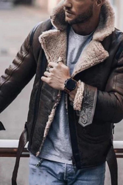 Vintage Sherpa Lined Notched Collar Long Sleeve Belted Hem Faux Leather Jacket for Men