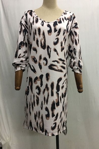 Women's Fashion Long Sleeve V-Neck Leopard Print Baggy Midi Pullover Sweater-Knit Dress in Khaki