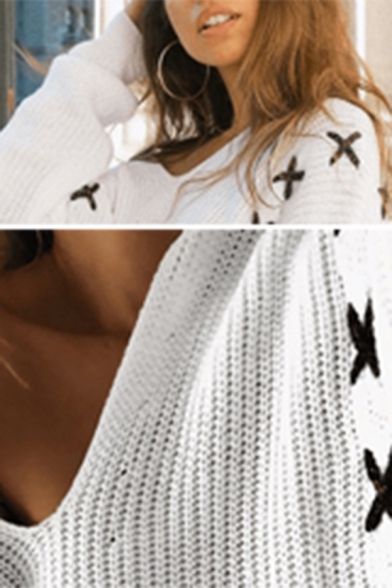 Women's Fashion White Blouson Sleeve Drop Shoulder Geometric Embroidered Oversize Pullover Sweater-Knit Top
