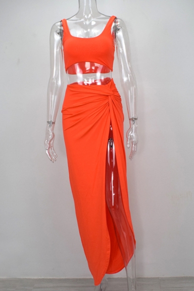 Womens Sexy Fashion Cropped Tank Top with Knotted Split Maxi Skirt Plain Two Piece Set