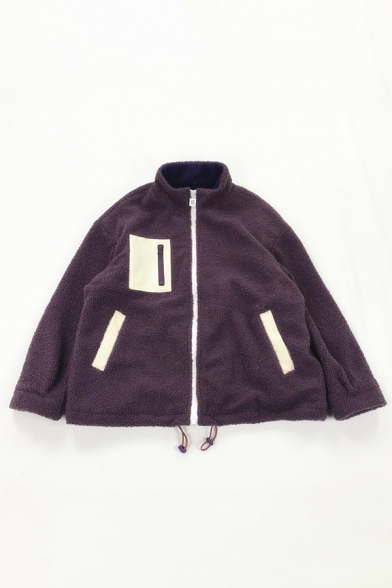 Basic Warm Purple Long Sleeve Stand Collar Zipper Front Drawstring Pocket Decoration Sherpa Fleece Oversize Jacket for Female