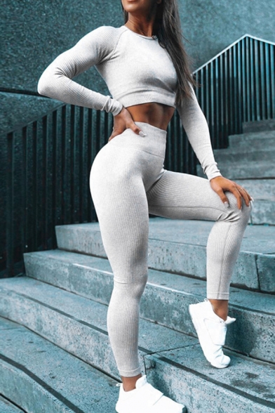 Casual Solid Color Long Sleeve Cropped Top Skinny Pants Yoga Fitness Two Piece Co-ords