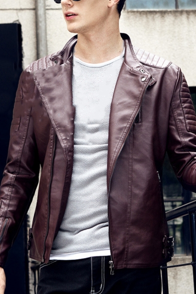 Charming Mens Solid Color Pleated Long Sleeve Zip Up Slim Fit PU Moto Jacket