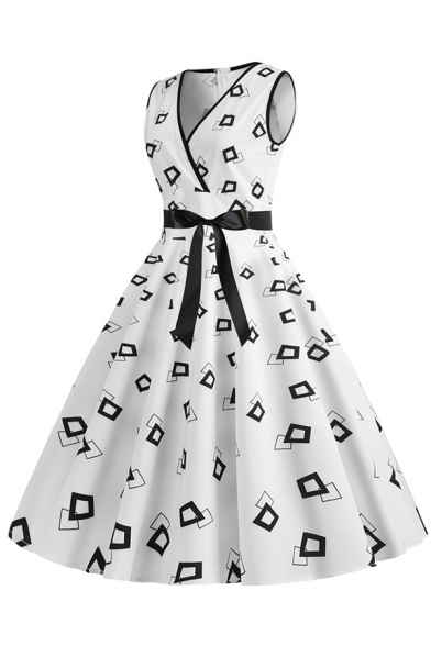 Chic Formal Sleeveless Surplice Neck Bow Tie Waist Geo Printed Zipper Back Midi Pleated Flared Dress for Women
