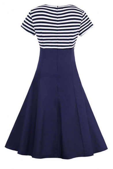 Chic Girls' Short Sleeve Button-Down Collar Stripe Pattern Patched Zipper Back Button Embellished Mid Flared Pleated Dress