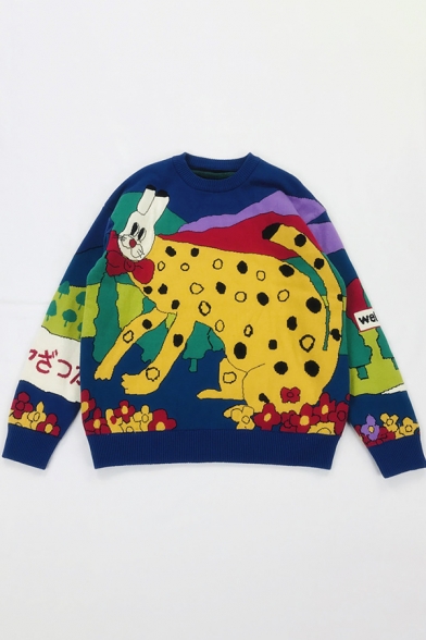 Childlike Dot Rabbit Print Long Sleeve Round Neck Loose Pullover Sweater for Preppy