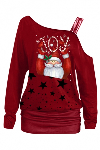 Christmas Pretty Long Sleeve One Shoulder Letter JOY Santa Claus Print Contrasted Relaxed Tee for Girls