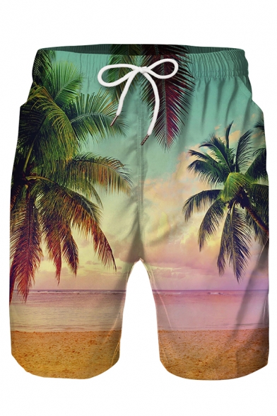 Classic Coconut Tree Beach Sunset 3D Print Drawstring Waist Loose Fit Casual Swim Shorts