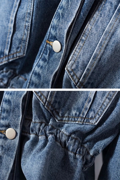 Cool Street Girls' Long Sleeve Lapel Collar Button Down Flap Pockets Elasticated Waist Loose Plain Denim Jacket