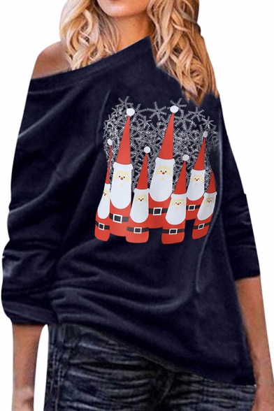 Cool Women Long Sleeve Drop Shoulder Santa Claus Snowflake Pattern Baggy Sweatshirt in Navy