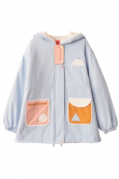 Cute Kawaii Girls' Blouson Sleeve Hooded Button Down Cloud Geo Print Patched Pocket Thick Baggy Parka Coat in Blue