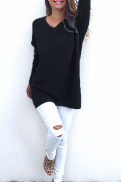 Elegant Cozy Plain Long Sleeve V-Neck Purl-Knit Oversize Midi Pullover Sweater Top for Ladies