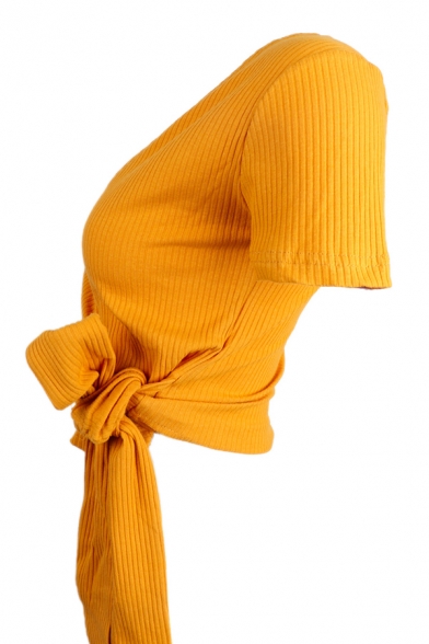 Fashion Cute Girls' Short Sleeve Surplice Neck Bow Tie Side Stripe Print Knit Fitted Wrap Tee