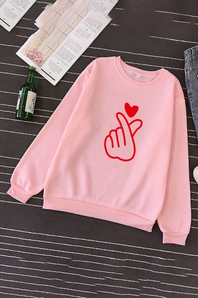 Fashion Girls' Long Sleeve Crew Neck Finger Heart Pattern Loose Pullover Sweatshirt