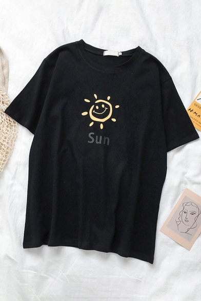 Fashion Short Sleeve Crew Neck Letter SUN Graphic Relaxed Fit Tee for Girls