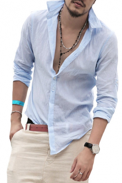 Fashionable Solid Color Long Sleeve Button Up Cotton Washed Shirt for Men