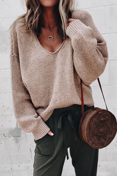 Female Casual Long Sleeve V-Neck Plain Relaxed Fit Knit Pullover Sweater Top