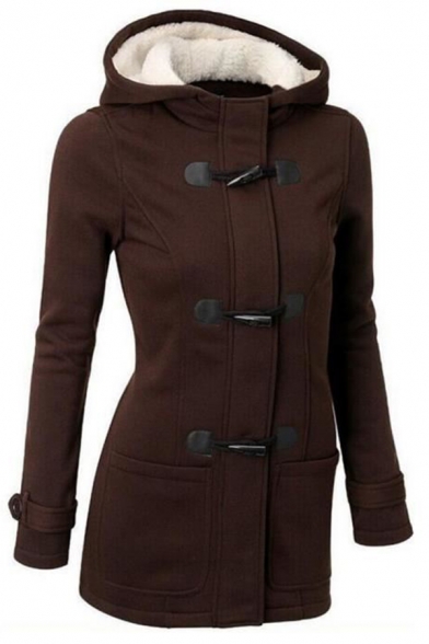 Female Classic Warm Long Sleeve Hooded Zipper Front Shearling Liner Plain Fitted Duffle Coat