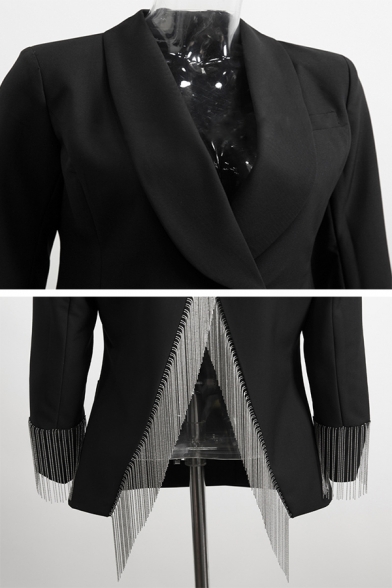 Formal Chic Long Sleeve Shawl Collar Button Front Pockets Side Fringe Slit Back Black Slim Fit Blazer for Ladies