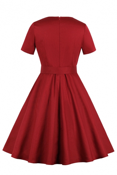 Formal Plain Short Sleeve Turn Down Collar Button Front Buckle Belt Zip Back Midi Pleated Flared Prom Dress for Girls