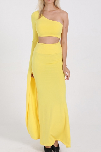 Glamorous Plain One Shoulder Split Long Sleeve Crop Top with Maxi Skirt for Party