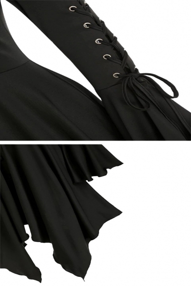 Gothic Girls' Ruffle Trim Sleeve Hooded Button Down Lace Up Asymmetric Pleated Plain Fitted Dress Trench Coat