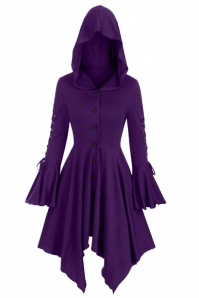 Gothic Girls' Ruffle Trim Sleeve Hooded Button Down Lace Up Asymmetric Pleated Plain Fitted Dress Trench Coat