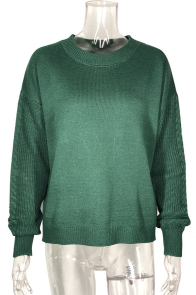 Green Trendy Long Sleeve Crew Neck Cable Knit Patched Loose Fit Pullover Sweater for Women