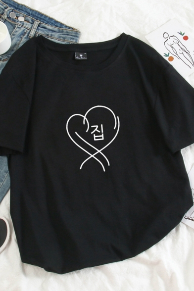 Korean Style Lovely Heart Printed Short Sleeves Crew Neck Leisure T-Shirt