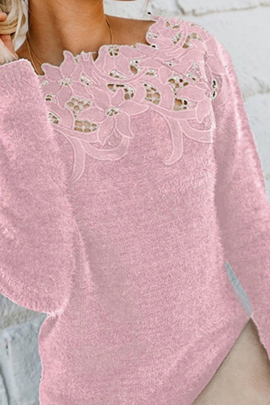 Ladies' Pretty Long Sleeve Boat Neck Floral Embroidered Lace Trim Hollow Loose Fit Plain Cashmere Pullover Sweater Top