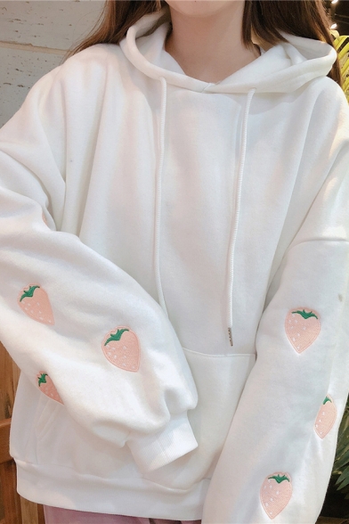 Lovely Embroidered Strawberry Printed Long Sleeve Loose Drawstring Hoodie for Girls