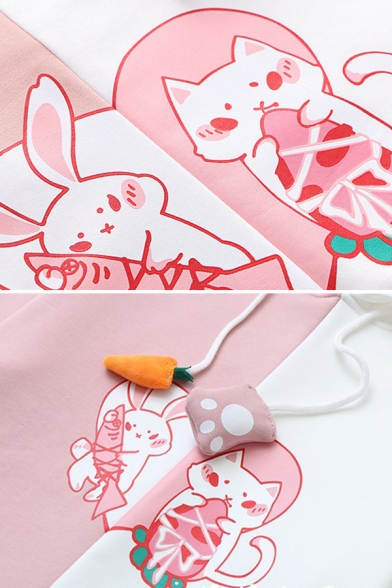 Lovely Rabbit Print Carrot Paw Drawstring Hood Long Sleeves Baggy Colorblock Hoodie