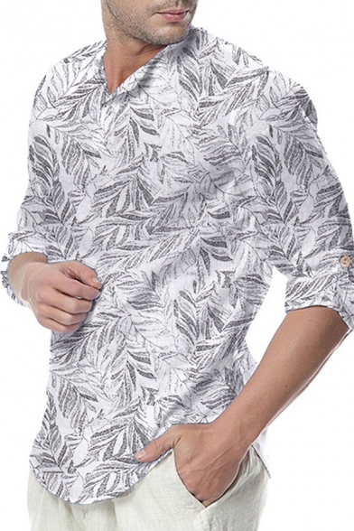 Men's Leisure Leaf Pattern Roll Tab Sleeve Curved Hem Oversized Shirt