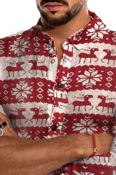 Men's Popular Christmas Deer Printed Long Sleeve Turndown Collar Red Linen Shirt