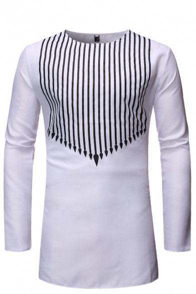 Mens African Fashion Striped Pattern Round Neck Long Sleeve Tunic White Shirt