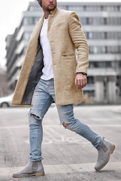 Mens Casual Solid Color Long Sleeve Welt Pocket Tunic Woolen Coat