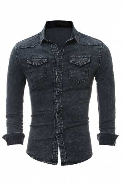 Corriee Mens Denim Shirts Casual Long Sleeve Button Down Tops Mens Classic Lapel Regular Fit T-Shirt with Pockets