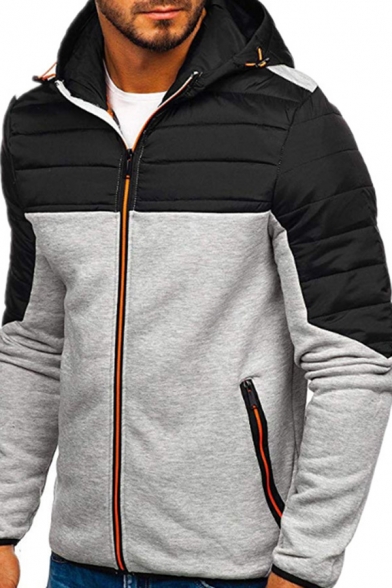 Mens Leisure Color Block Long Sleeve Zip Placket Padded Coat with Hood
