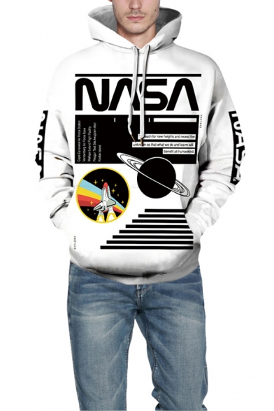 New Fashion NASA Letter Rocket Printed Long Sleeve White Drawstring Hoodie