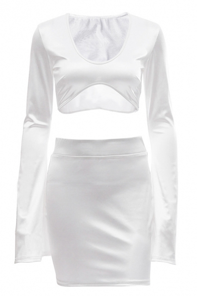 Plain Designer Flared Long Sleeve Cropped Top with Mini Skirt Two Piece Satin Co-ords
