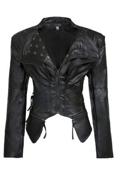 Plain Street Long Sleeve Exaggerate Collar Zipper Front Rivet Embellished Asymmetric Slim Fit Leather Jacket for Girls