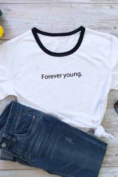 Popular Letter FOREVER YOUNG Print Contrast Trim Short Sleeves Leisure Cotton Tee