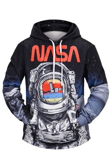 Popular Letter NASA Astronaut Space Suit 3D Print Long Sleeves Black Drawstring Hoodie