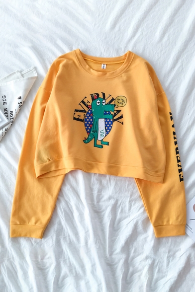 Preppy Girls' Long Sleeve Crew Neck Letter EVERYDAY Dinosaur Print Relaxed Fit Pullover Sweatshirt